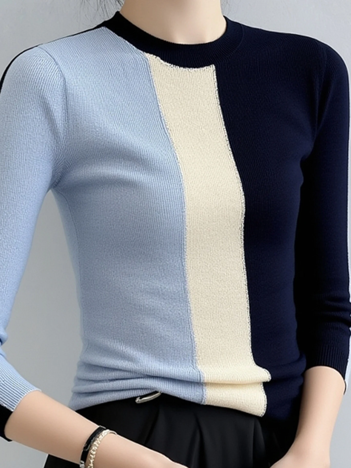 Dopasowana długa dzianina damska, modny design, zimowa warstwa bazowa, kolorowe łączenia, top do pracy, styl koreański...