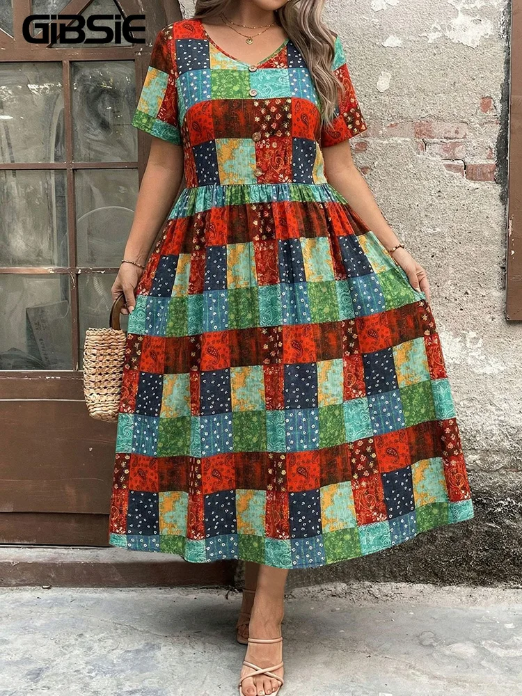 

GIBSIE Plus Size Paisley Print Button Long Dress Women Summer V-Neck Short Sleeved Boho Vacation Loose Female A-Line Dresses