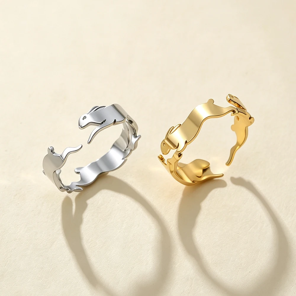 My Shape Easter Jumping Rabbit Ring Adjustable Stainless Steel Cute Running Bunny Animal Finger Ring Jewelry Easter Day Present
