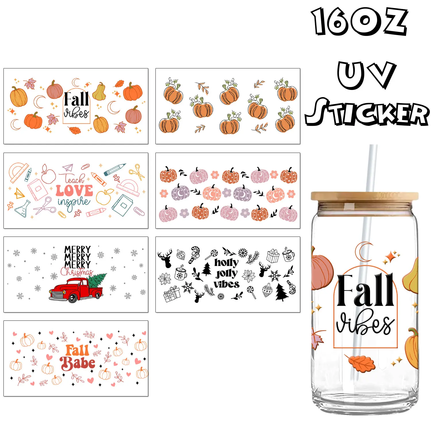 Holly Jolly Vibe Fall Christmas Teach Love Inspire UV DTF Transfer Sticker Self-Adhesive Family Fun Craft Stickers