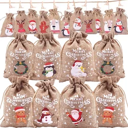 Christmas Linen Jute Bags Candy Cookies Drawstring Pouches Xmas Tree Hanging Bags Home New Year Party Gift Jewelry Package Sacks