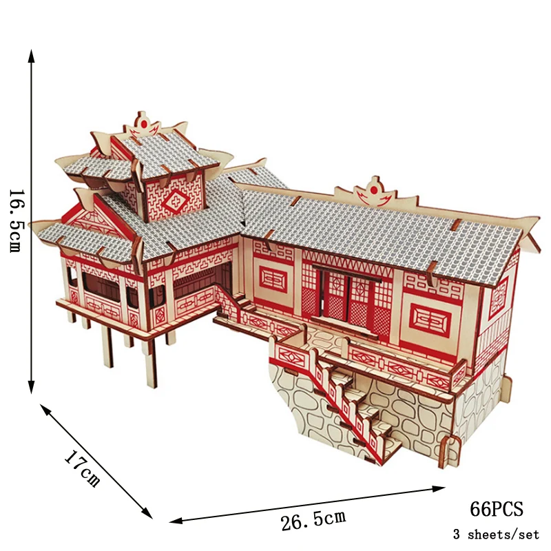 Chinese Architecture 3D Wooden Construction Puzzles Building House Model Wood Jigsaw DIY Educational Toys For Children Kids