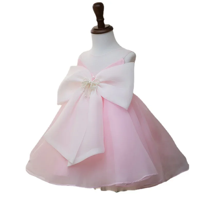 Flower Girl Pink Luxury Dress Children Birthday Baptism Dresses For Kids Elegant Big Bow Frocks Girls Boutique Party Wear Dress