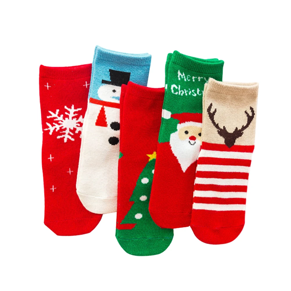 

5 Pcs Kids Christmas Socks Soft Cotton Warm Winter Stockings for Boys Girls Red Color Matching Outfits Party Present