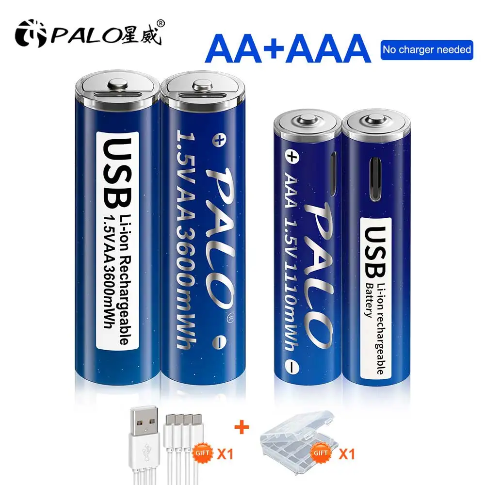 

PALO 3600mWh 1.5V USB AA Li-ion Rechargeable Battery AA+1110mWh 1.5v AAA Lithium Rechargeable Batteries AAA with Free USB Cable