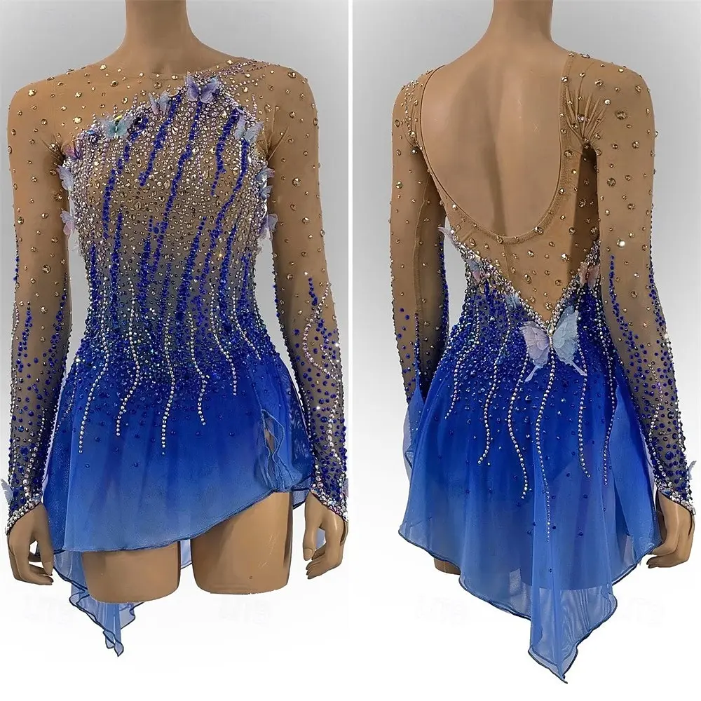 

Women's Ice Skating Dress Blue Black Training Competition Skating Wear Classic Crystal / Rhinestone Long Sleeve