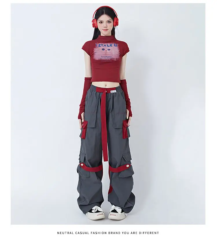 High Street Hip Hop Frauen Hosen hohe Taille Farb block Overalls weites Bein lässig gerade Bein Hosen y2k amerikanische Retro Streetwear