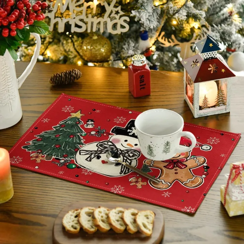 Leinen Weihnachten Tischsets Schneemann/Baum/Lebkuchen Druck Weihnachten Tischsets Hause Winter Urlaub Dekor Geschirr Anti-rutsch-matte