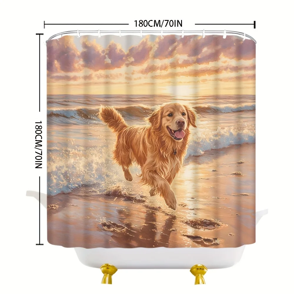 Golden Retriever Running on Beach Shower Curtain Waterproof Easy to Clean Privacy Protection Print Sunset Ocean Design PetLover