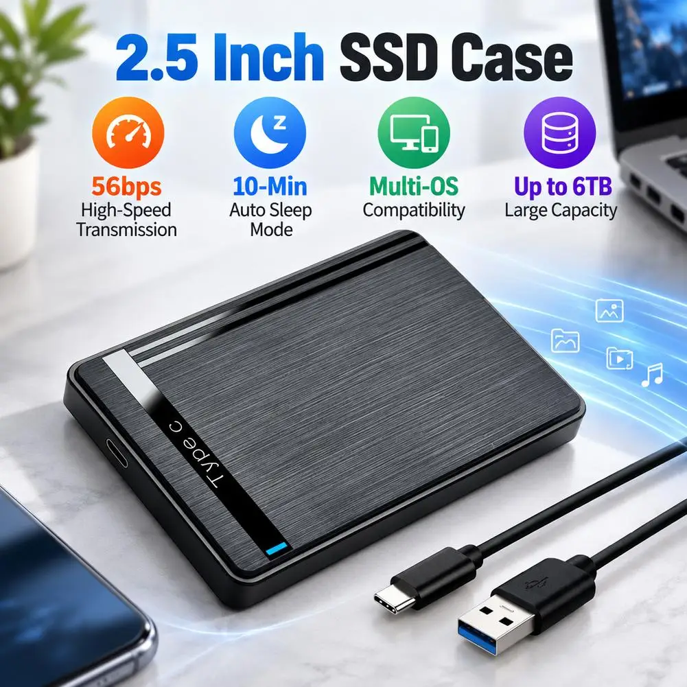 Mobile Hard Disk Box External Enclosure for 2.5inch SATA SSD and Mechanical Hard Drive Case Type-C Cable External Hard Drive