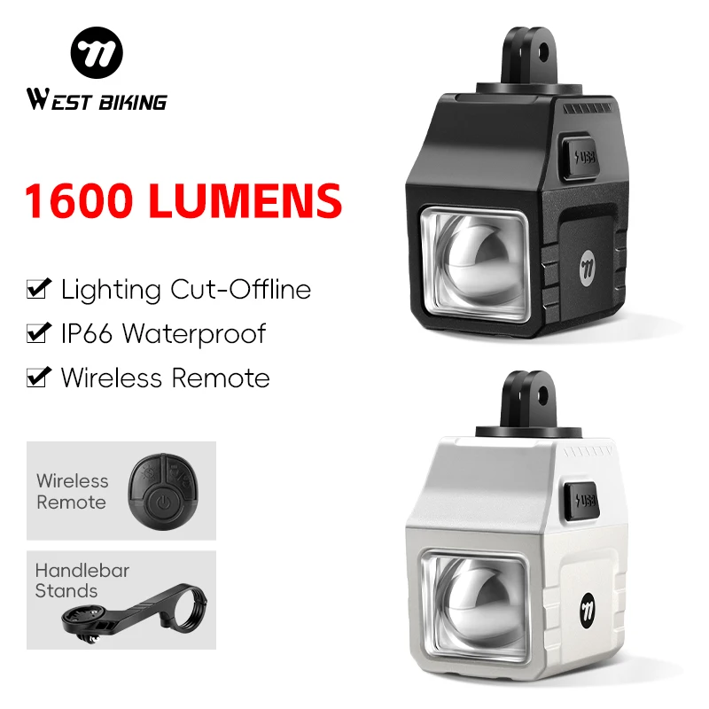 

WEST BIKING Bike Light 1600 Lumens IP66 Waterproof Bicycle Headlight Wireless Remote Bike Front Light MTB Road Bike Accessories