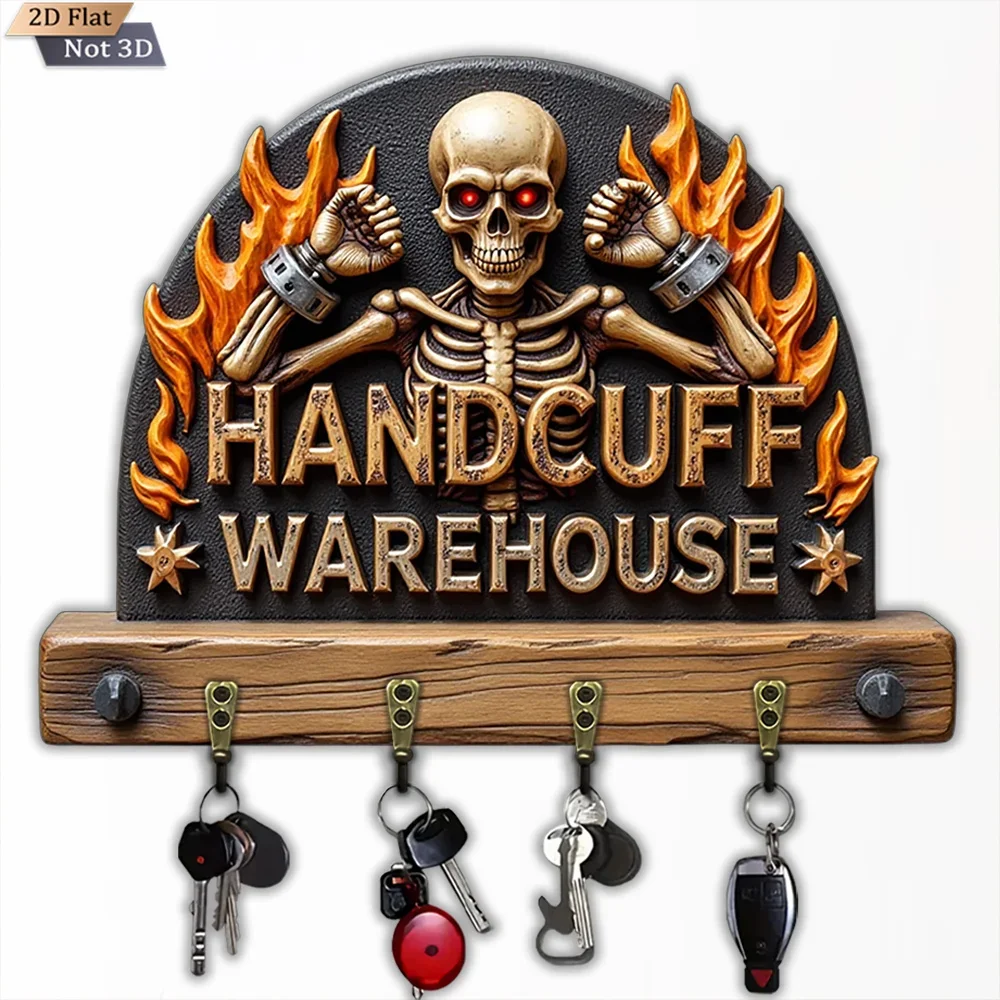 2D Flat, 1pc, Skull Handcuff Flame Key Hook, Wooden Multifunctional Home House Key Hook, with Four Metal Hooks, Wall
