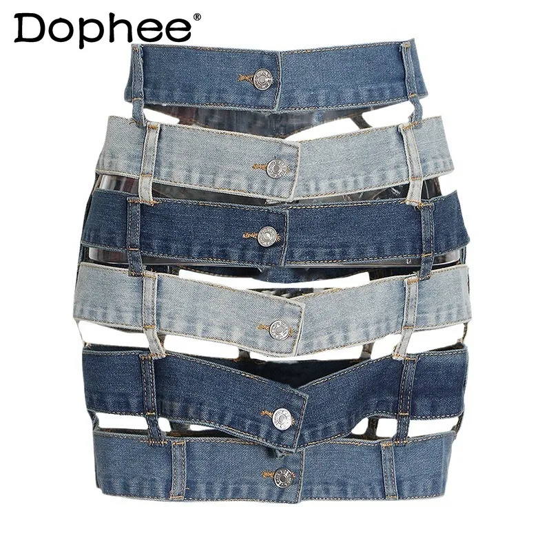 

Fashion Patchwork Hollow Out Denim Skirt Female 2024 Summer New Tooling Style Contrast Color Single-Breasted Mini Skirt Women