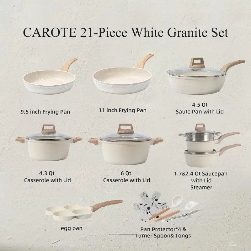 CAROTE 21Pcs Pots and Pans Set, Nonstick Cookware Sets, White Granite Induction Cookware Non Stick Cooking Set w/Frying Pans