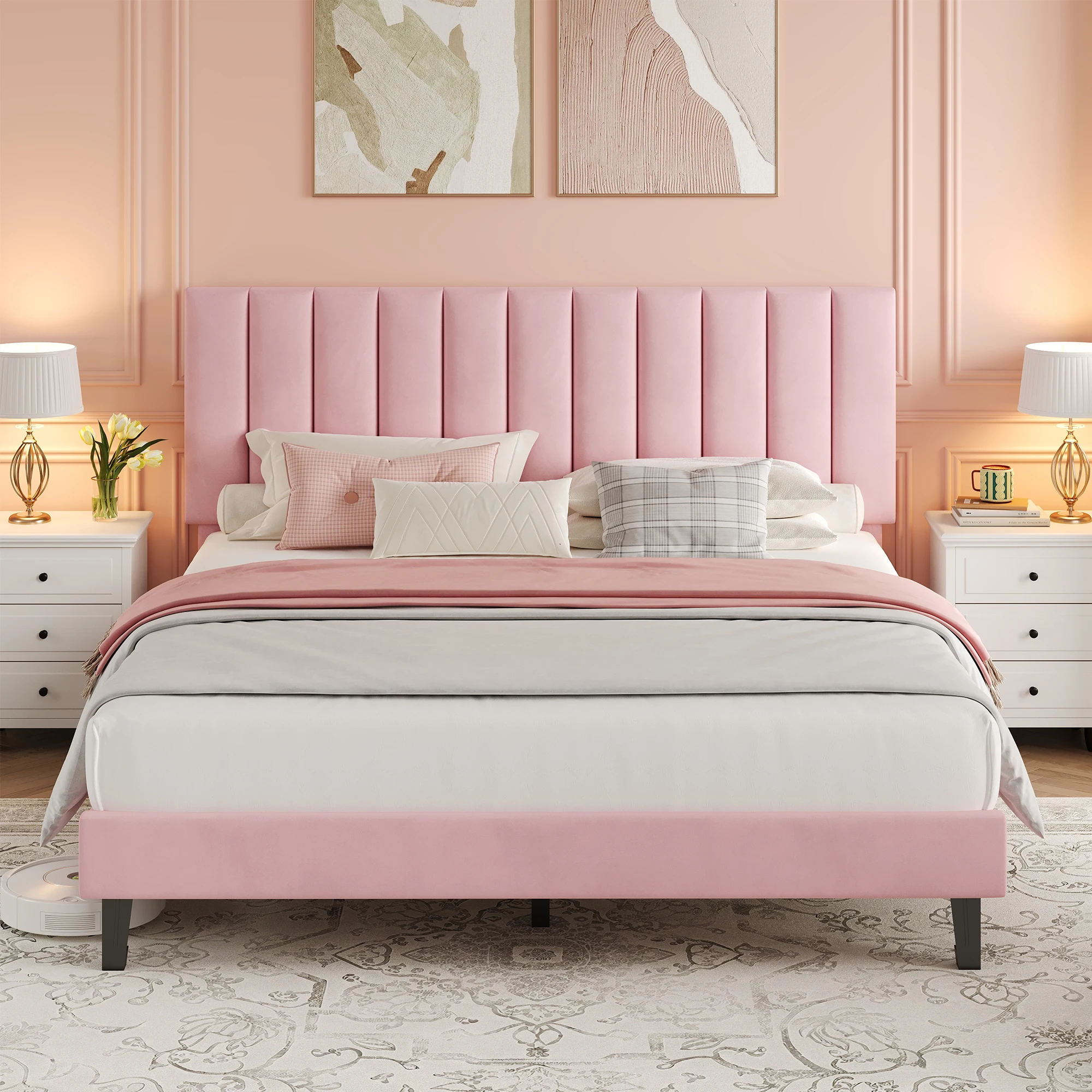 Velvet Upholstered Platform Bed with Adjustable Padded Headboard, Vertical Channel Tufting, Wooden Slats, No Box Spring, Easy Assembly - Variants: Queen/King/Full