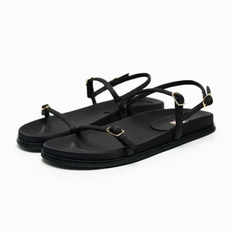 

TRAF Black Flatform Sandals For Women Metal Buckles Straps Flat Shoes Thick Round Open Toe 2024 Summer Women Casual Flat Sandals