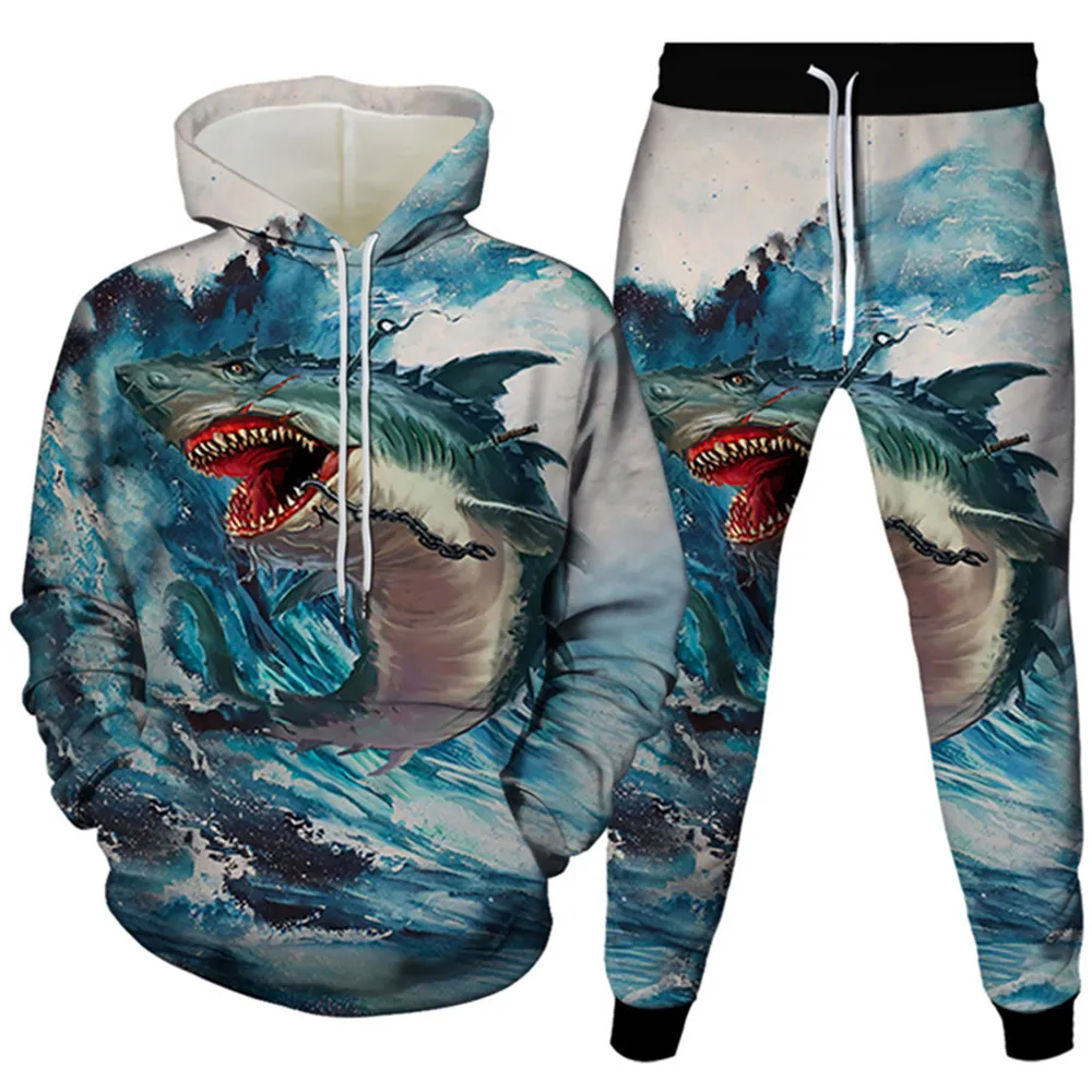 Men Women's Casual 2 Piece Tracksuits Animal Shark Dolphin Fish Print Plus Size S-6XL Hoodies+Trousers Streetwear Outfit Clothe