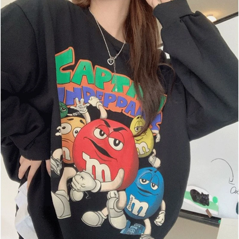 

American Funny Beans Cartoon Graphic Hoodies Women Hip Hop Oversized Sweatshirt Autumn Winter All-match Couples Kawaii Clothes