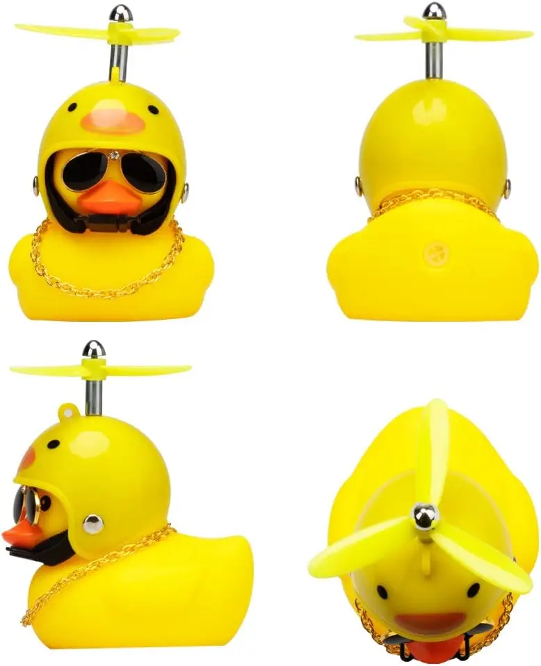 2PC Rubber Duck Car Duck Toy Car Ornament Yellow Duck Car Dashboard Decorations Squeeze Duck Bicycle Horns with Propeller Helmet