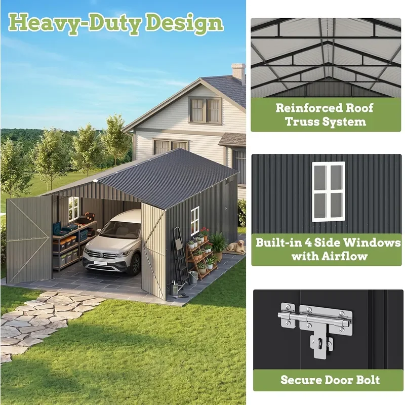 12x20 ft Enclosed Metal Carport Heavy Duty Garage Shed with Windows Lockable Double Doors Side Door Extra Large Outdoor