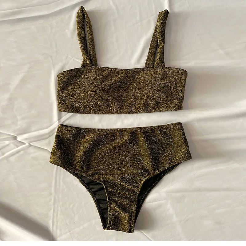 New Sexy Bandeau Shiny Glitter Bikini 2022 Women Swimwear Female Swimsuit Two Pieces High Waist Bikini Set Bather Bathing Suit