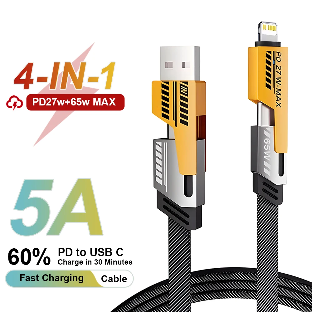 Alloy 4 IN 1 PD 65W Fast Charging Data Cable For iPhone 15 USB C 27W Xiaomi Samsung Huawei USB Car Quick Charger Cable Type C