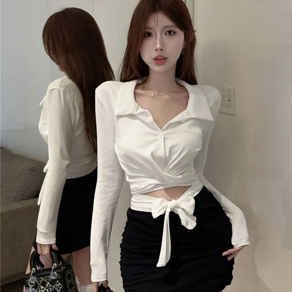 Spring Autumn White Shirts & Blouses Women's Top Solid Color Turndown Collar Bandage Expose Navel Slim Sexy Long Sleeves Tops