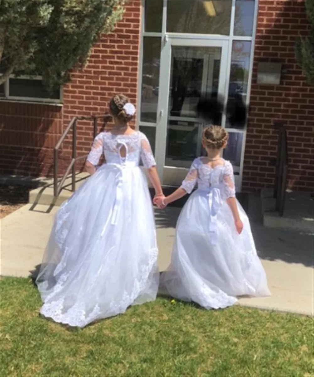 Elegant Flower Girl Wedding Dress Appliques Lace Off Shoulder Half Sleeves Bow Belt Kids Birthday Party First Communion Gown