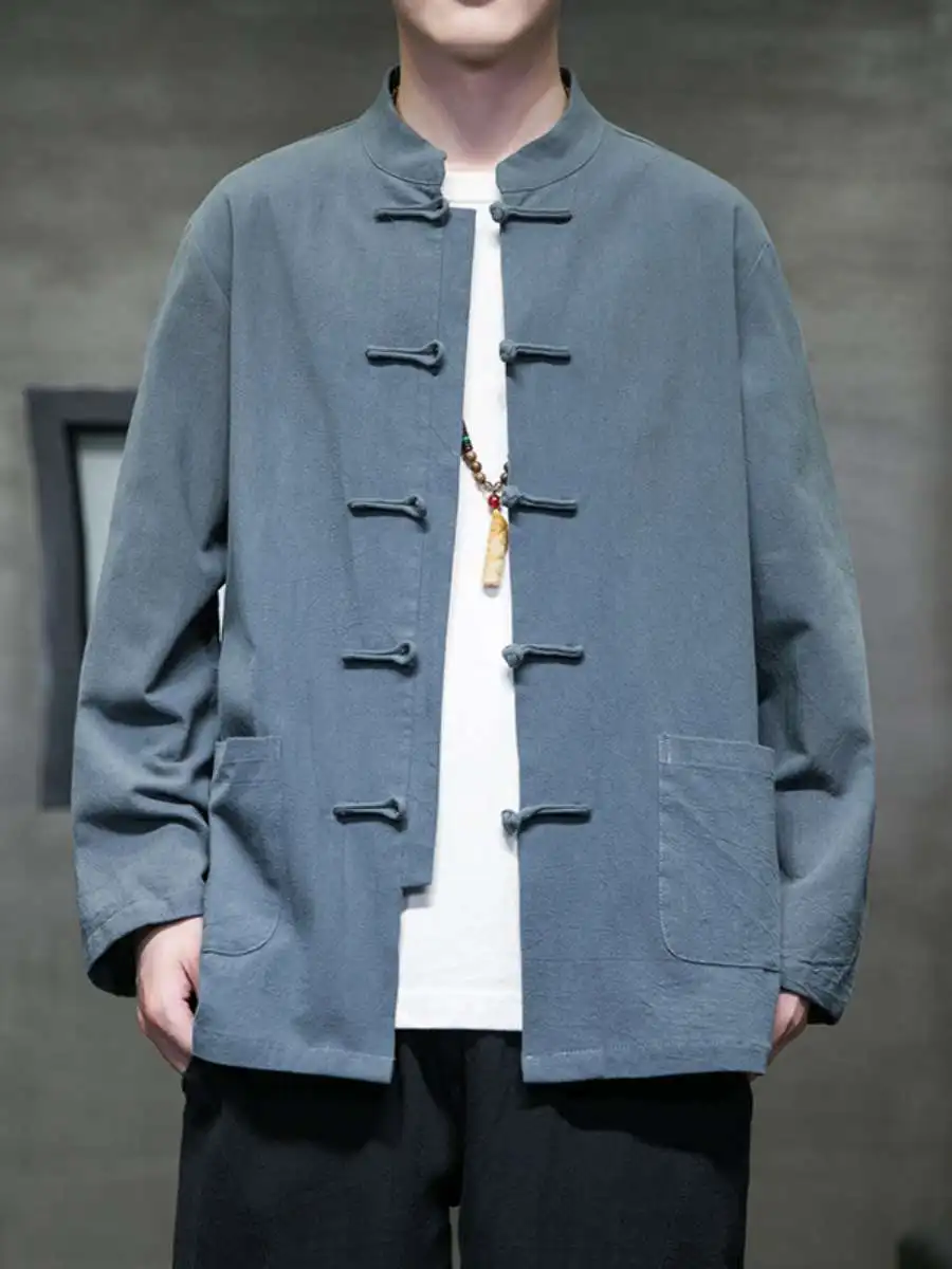 

Новая мужская рубашка в китайском ретро-стиле из хлопка и льна с пуговицами, длинный рукав, большой размер, воротник-стойка, костюм в стиле Тан