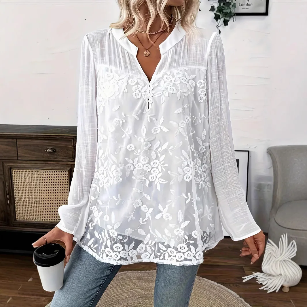 

2026 Women Fashion Shirt Top White Lace Hollow Out V-Neck Pullover Casual Loose Shirt Tops Summer Elegant Office Womens Clothing