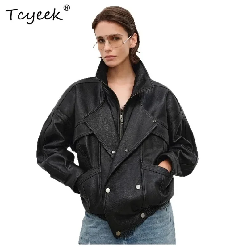 Tcyeek 100% Sheepskin Womens Jackets Motorcycle Real Leather Jacket Women Autumn Clothes Double Collar Loose Casaco Feminino