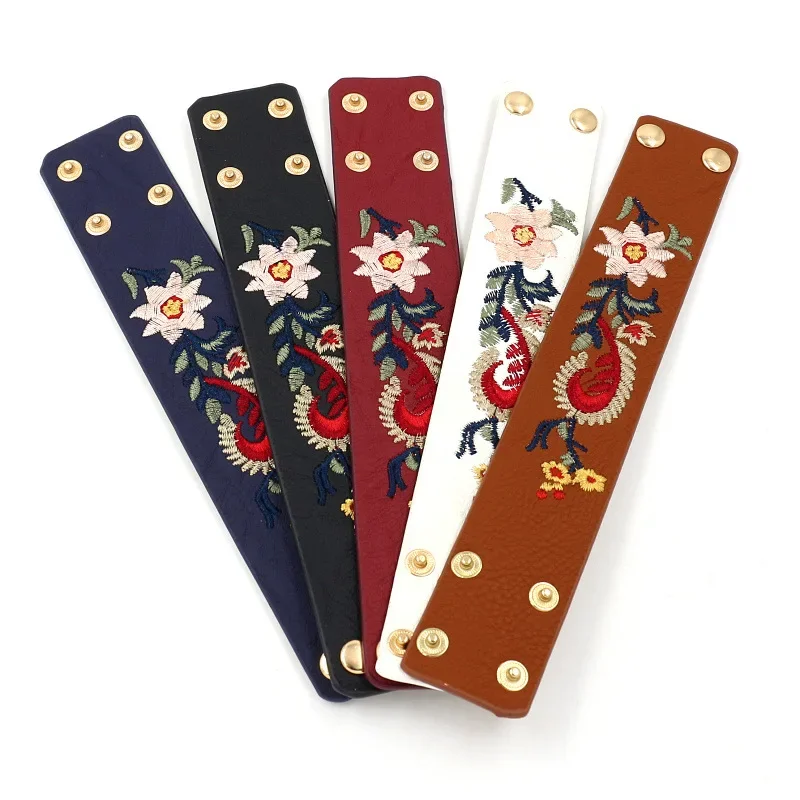 Kirykle Fashion Embroidery Flower Bracelet for Women Personality Wide Leather Bangles Punk Style Charm Bohemian Cuff Jewelry