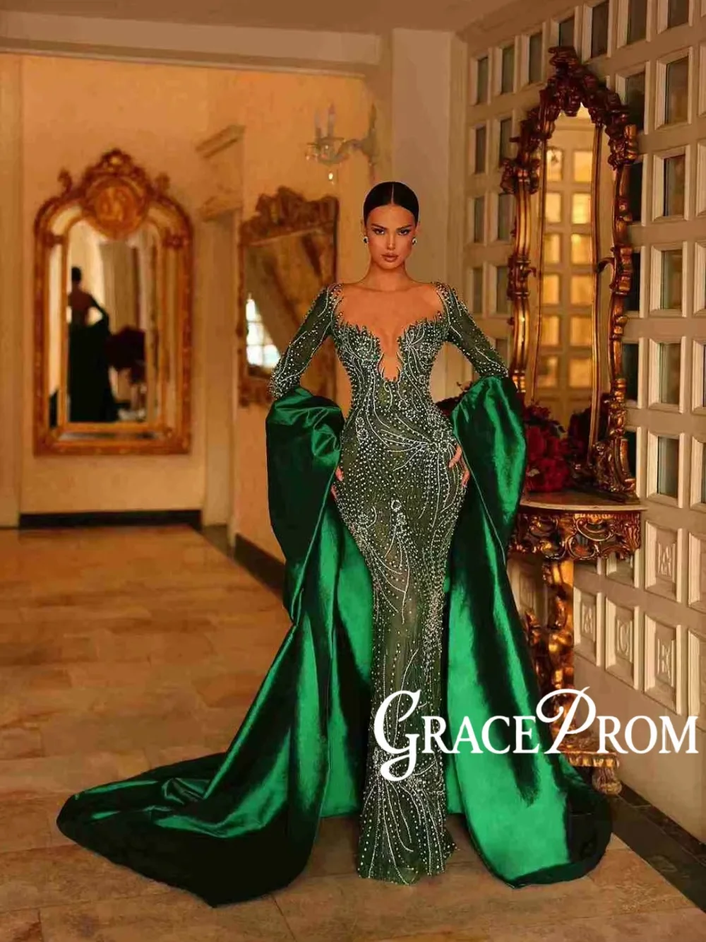 Emerald Shinny Beaded Long Evening Dress With Cape Long Sleeved Luxurious Wedding Party Gown Customized Formal Banquet Gowns
