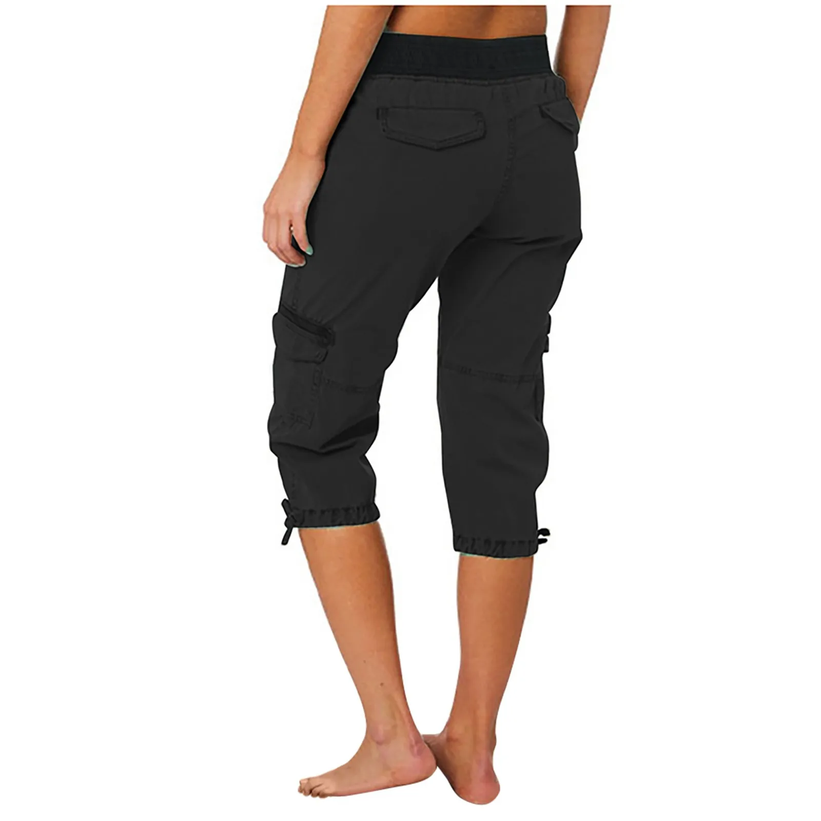 2026 Women's Summer Casual High Waist Drawstring Pocket Workwear Pants Solid Loose Wide Leg Extendable Cuffs 7-inch Pants Female