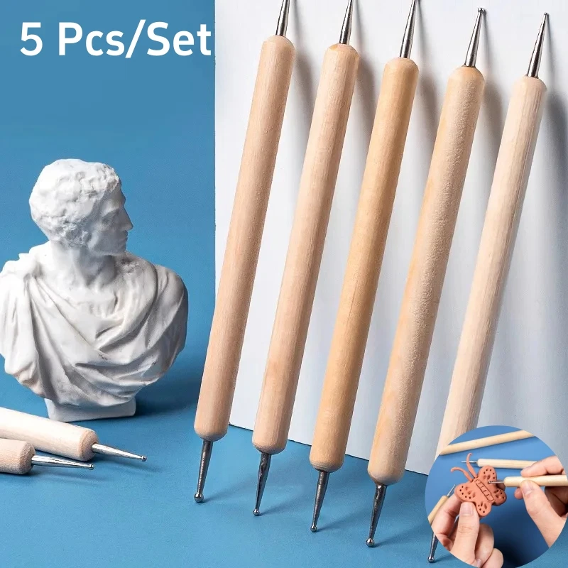 Penna punteggiata in legno a doppia testa strumenti per scultura in argilla per unghie in ceramica fai da te artigianato Sculpt Shape Painting Brushes penne per goffratura artistica