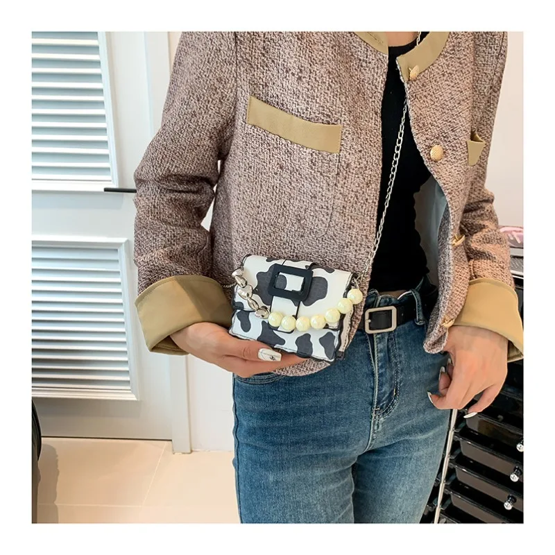 Cow Pattern Mini Crossbody Bag Pearl Chain Handbag New Forest Series Shoulder Bag Candy Color Women's Small Square Crossbody Bag