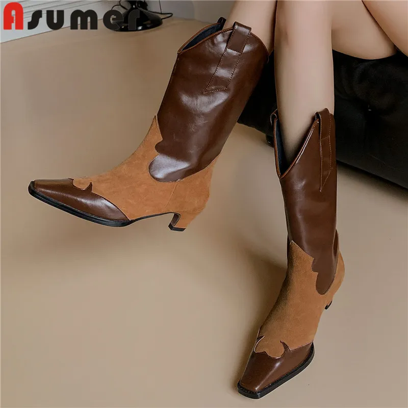 

ASUMER 2024 New Cool Cow Suede Leather Mid Calf Boots Thick Med Heels Autumn Boots Ladies Slip On Square Toe Western Boots