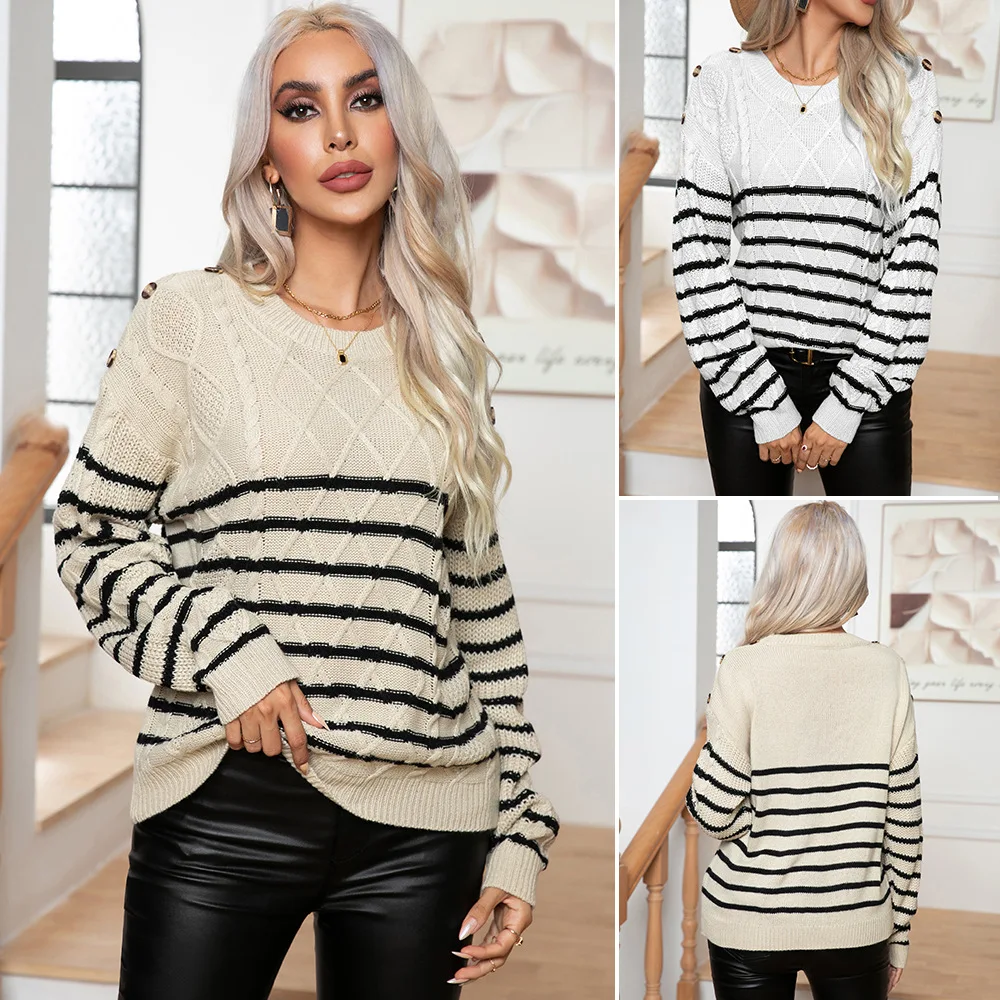 Pull En Maille Femme Top mujer raya botón trenzado masa frita giros Vintage manga larga Jersey de punto suéter para mujer