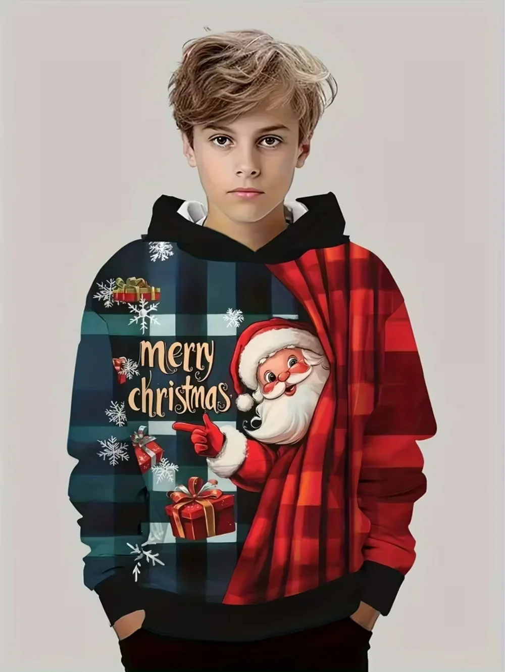 2026 Family Matching Christmas Hoodie Santa Claus Print New Year Casual Streetwear Parent-child Sweatshirt Tops
