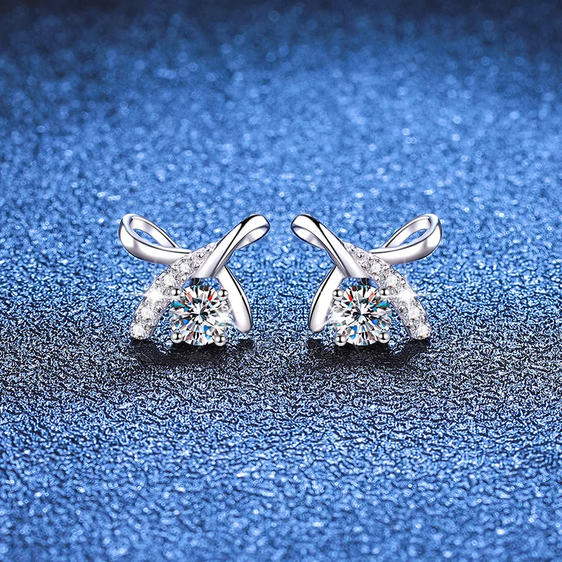 

925 Sterling Silver Earrings Light and Simple Korean Bow Earrings 4mm with GRA Certificate Lab Grown Moissanite Diamond D Color