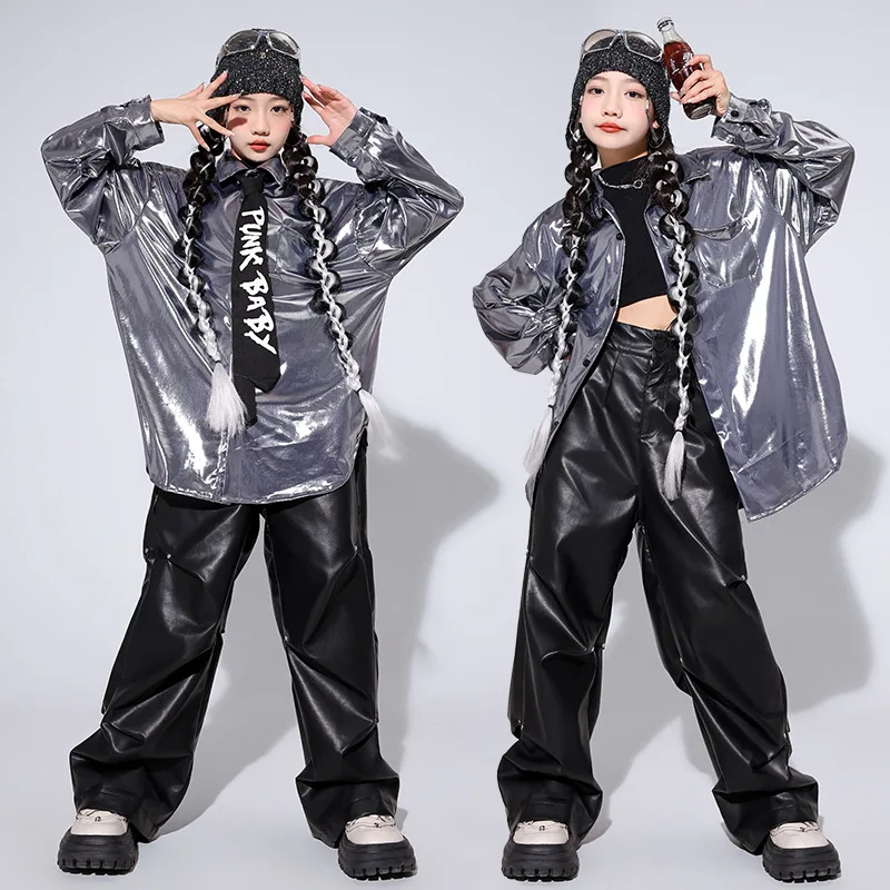 

Kid Hip Hop Clothing Silver Wide Shirt Black Rivet Faux Leather Casual Ruched Pants for Girl Boy Jazz Dance Wear Costume Clothes