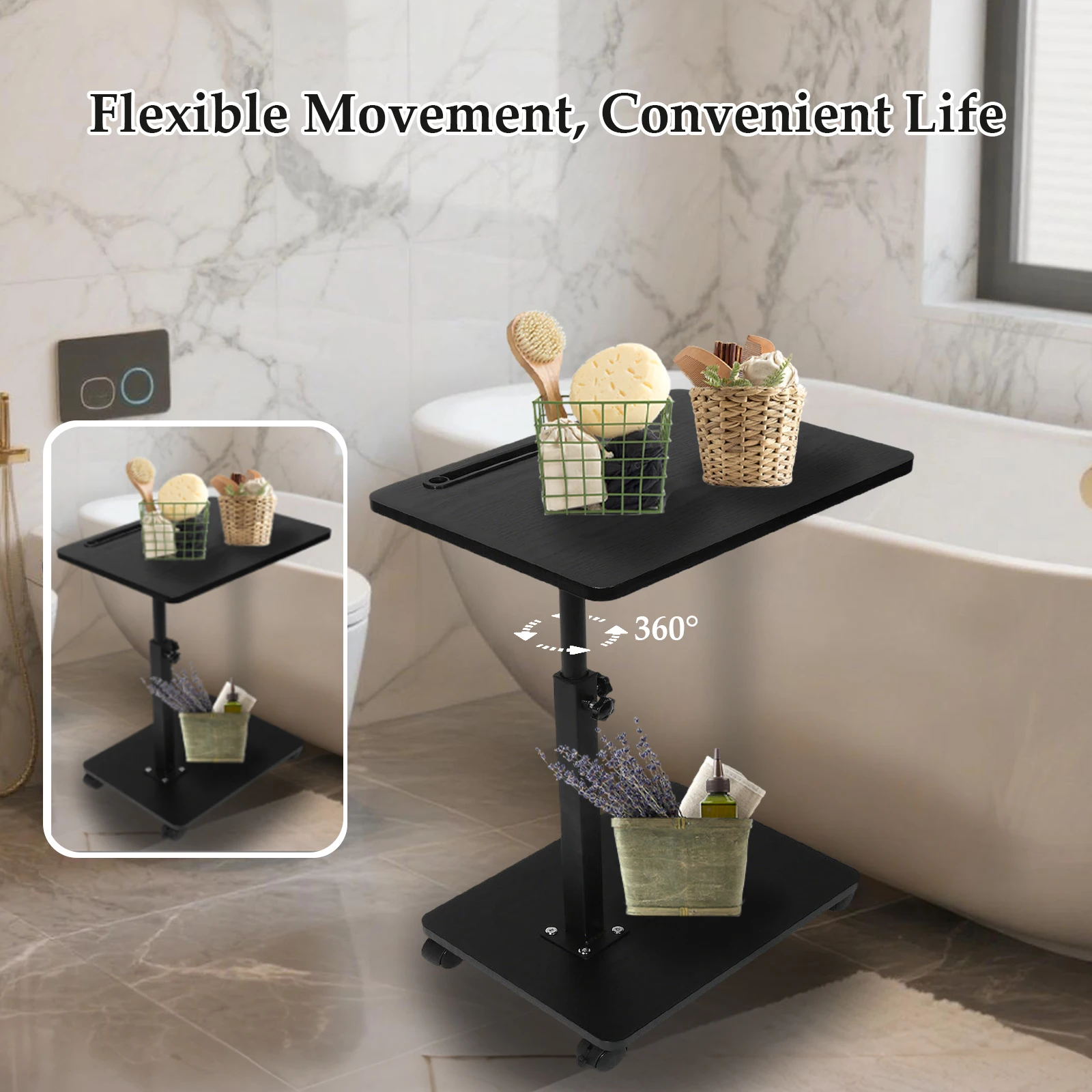 طاولة نهاية مع عجلات دوارة 360 درجة ارتفاع قابل للتعديل الأريكة طاولة جانبية أريكة الذراع صينية التلفزيون صينية لغرفة النوم غرفة المعيشة #6