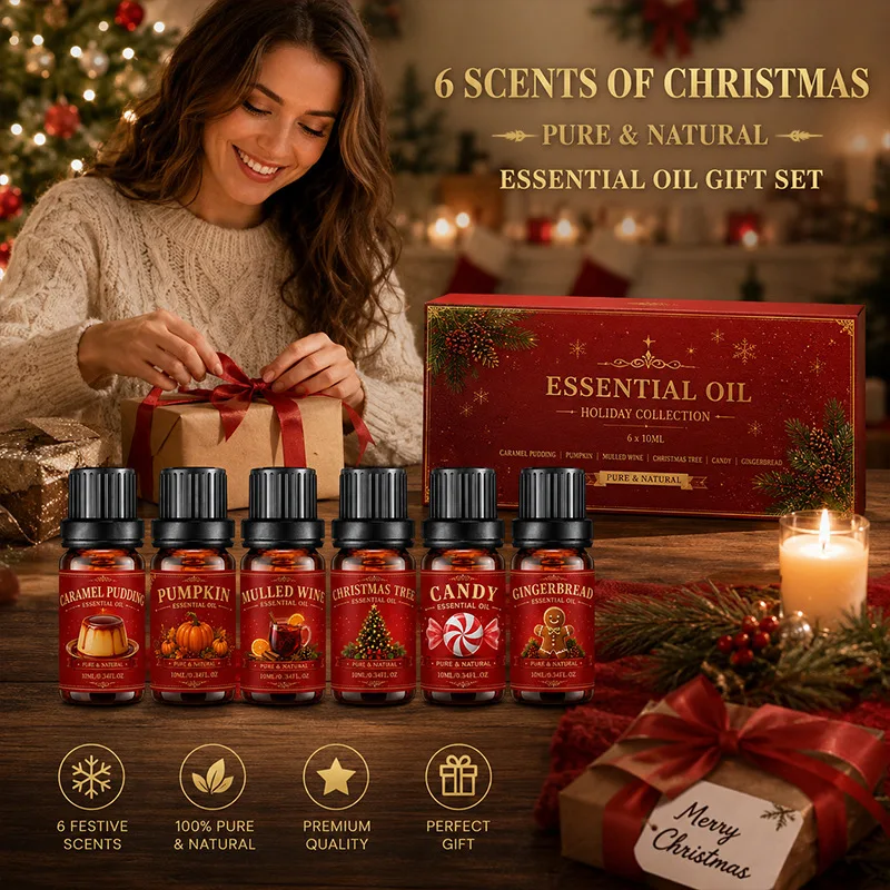 6×10ml Water‑Soluble Fragrance Reed diffuser Oil Gift Set, Christmas Tree Pumpkin Mulled Wine Scent Air Freshener for Humidifier