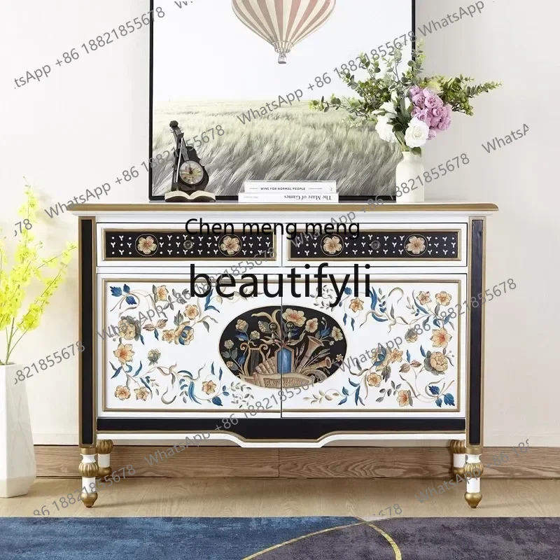 D96   French Art Side Cabinet Solid Wood Painted Entrance Cabinet American Light Luxury Double Door Decorative Cabinet