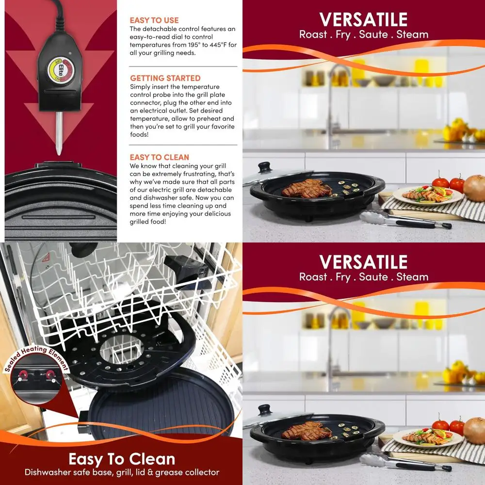 

Большой круглый электрический гриль для дома, 14 дюймов, с антипригарным покрытием, быстрый нагрев, идеально подходит для низкокалорийных блюд, можно мыть в посудомоечной машине, со стеклянной крышкой, черный