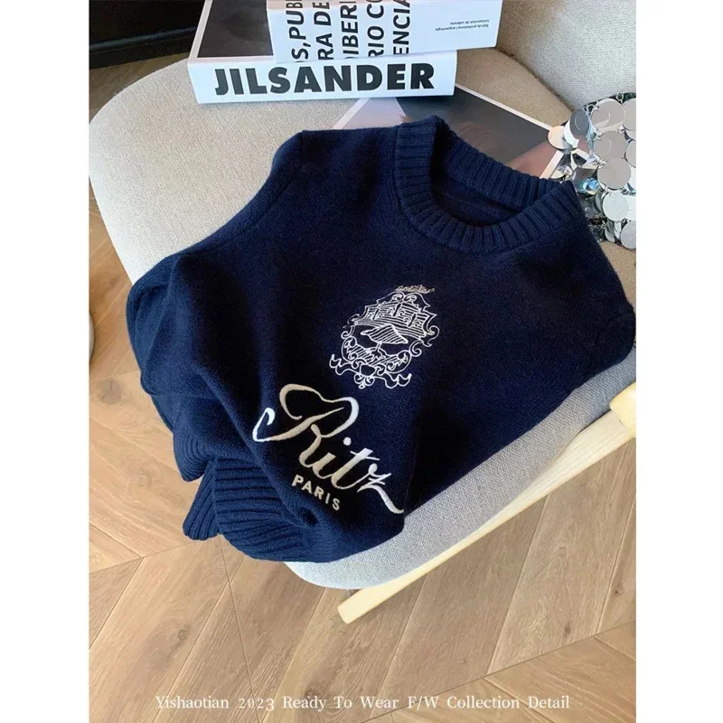 Letters Embroidery Pullover Sweater 2024 Spring Autumn Women Round Neck Long Sleeve Knitwear Jumper Female Casual Design Tops