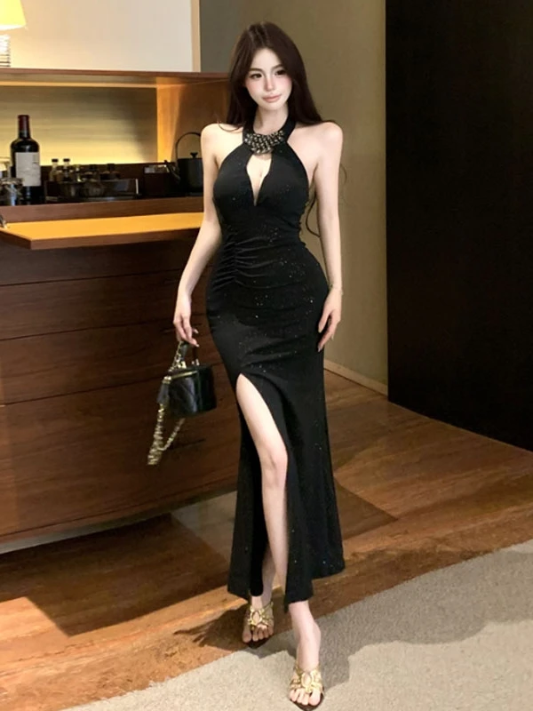 

Sensual Slit Dress Sexy Hollow out Neckline Tight Bodycon Skirt Long Sleeveless Women's Fashion Summer Dress