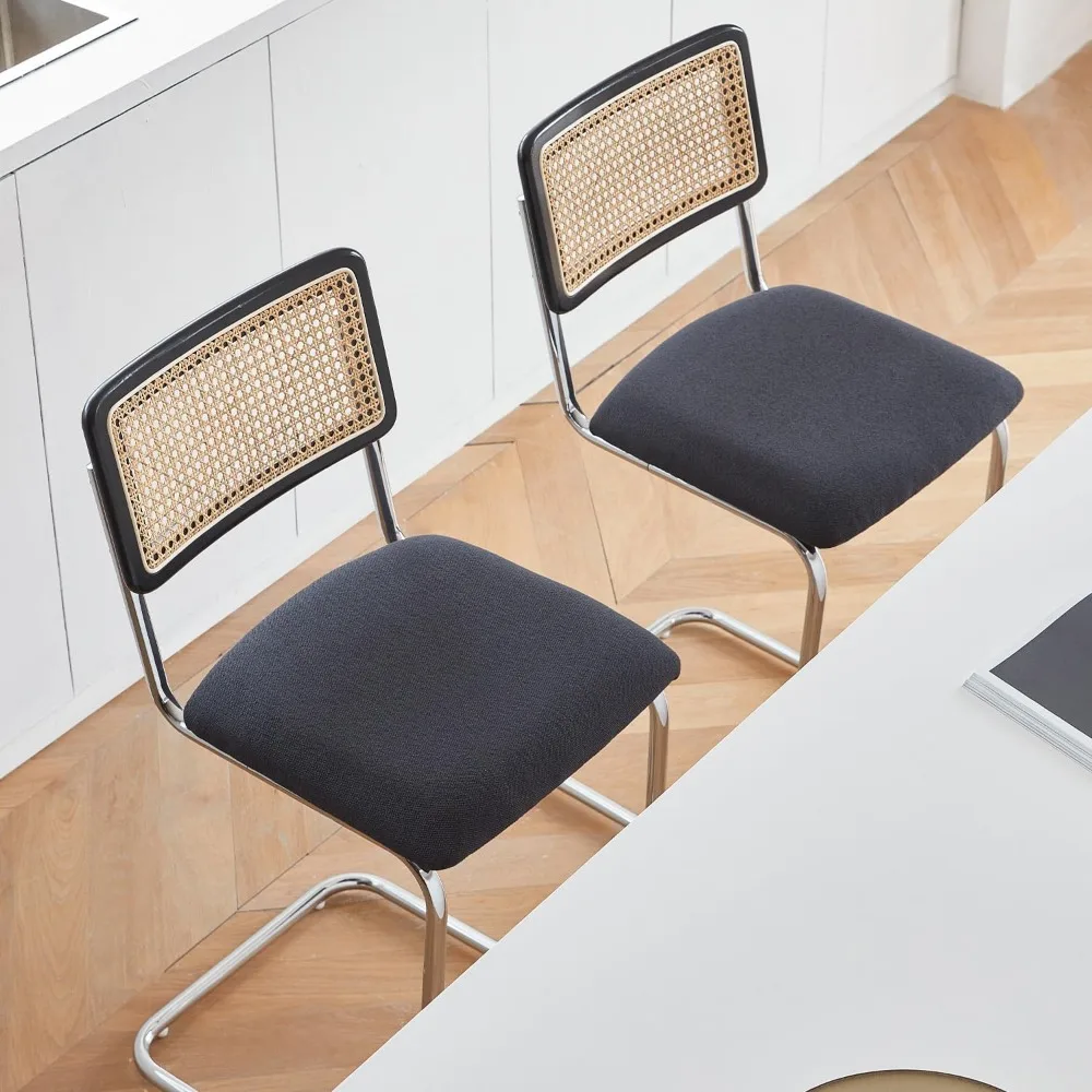 Natural Rattan Counter Height Stools Set of 2 with Solid Wood Back,Mid Century Modern Cesca Bar Stools, Black Chrome Up