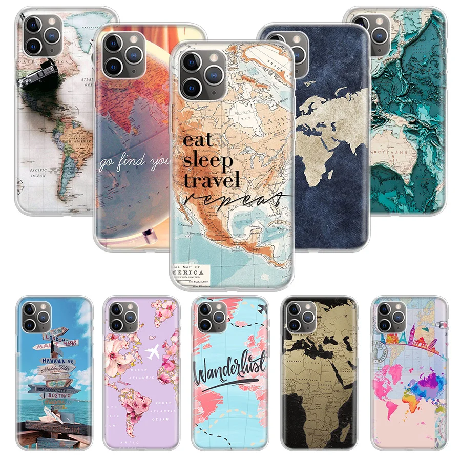 Funda de teléfono de viaje con mapa del mundo para iPhone, 14, 13 Pro, 11, 15, Art, 12, XR, X, XS, Max, 7, 8, 6S Plus, SE, patrón suave