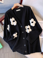 150Kg Plus Size Women's Bust 150 Autumn Winter Loose Contrasting Black And White Floral V-Neck Knit Cardigan 5XL 6XL 7XL 8XL 9XL